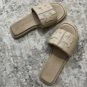 Tory Burch Neutral Beige Logo Slide Sandals